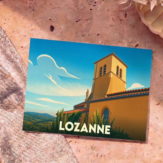 Carte postale souvenir de la ville de Lozanne avec une illustration stylisée de son église surplombant les collines.