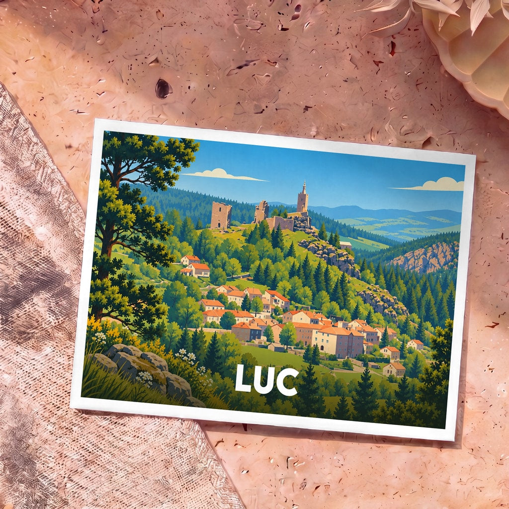 Carte postale souvenir de la ville de Luc avec une illustration stylisée de son village et de son château en Lozère.