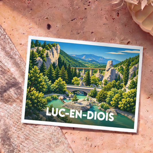 Carte postale souvenir de la ville de Luc-en-Diois illustrant ses paysages montagneux et ses viaducs.