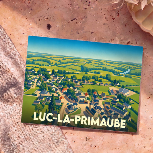 Carte postale souvenir de la ville de Luc-la-Primaube avec une illustration stylisée de ses paysages et habitations.