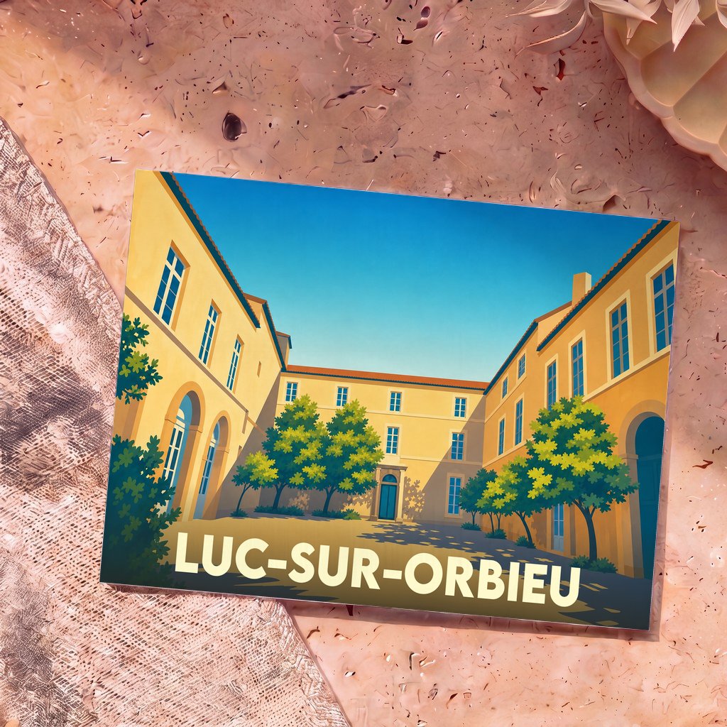 Carte postale souvenir de la ville de Luc-sur-Orbieu avec une illustration stylisée d'une cour intérieure ensoleillée.