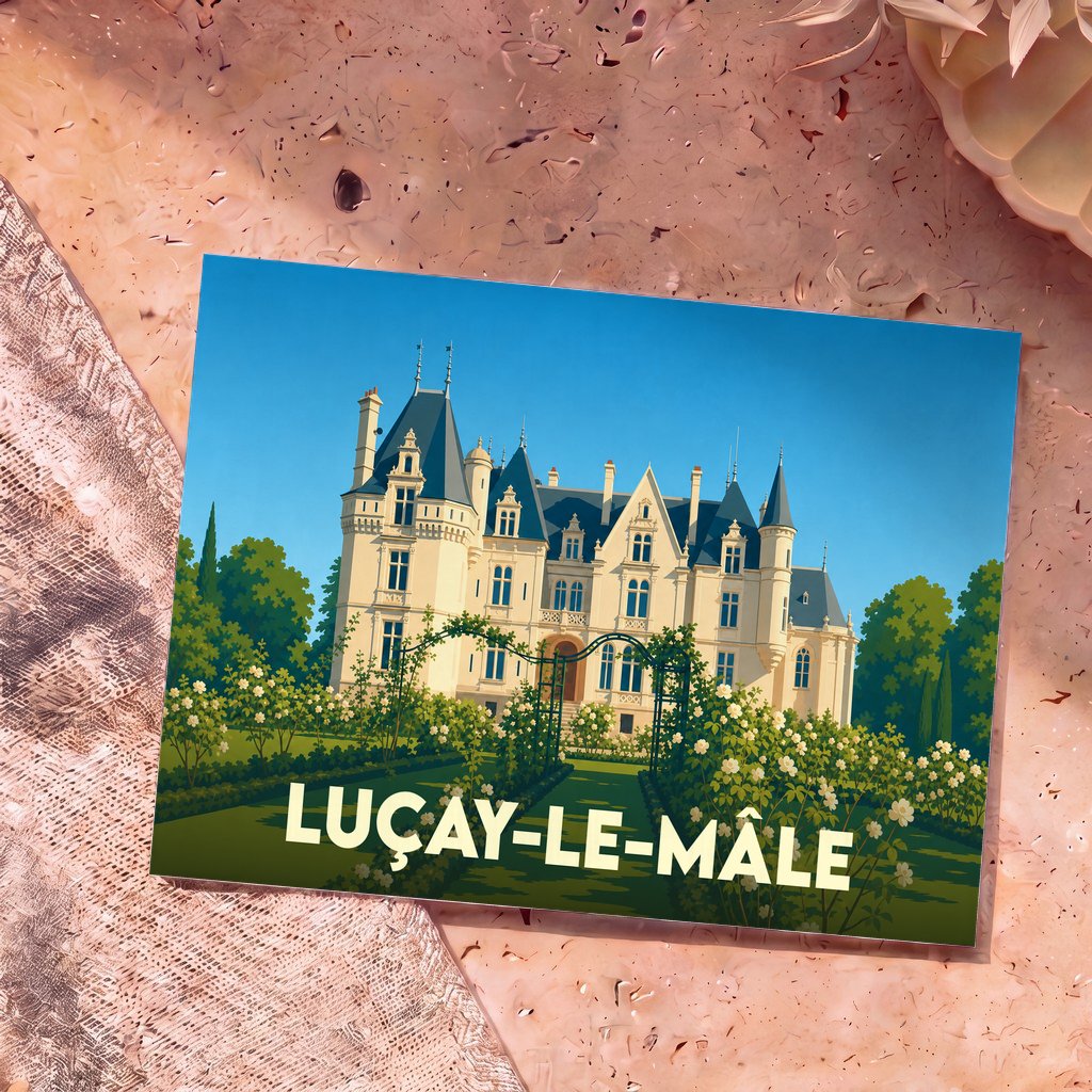 Carte postale souvenir de la ville de Luçay-le-Mâle avec une illustration stylisée d'un château fleuri.
