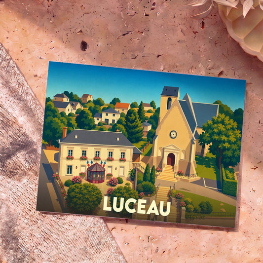 Carte postale souvenir de la ville de Luceau avec une illustration stylisée de son église et de sa mairie.