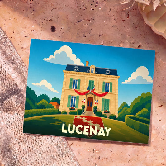 Carte postale souvenir de la ville de Lucenay illustrant une mairie de style français sous un ciel ensoleillé.