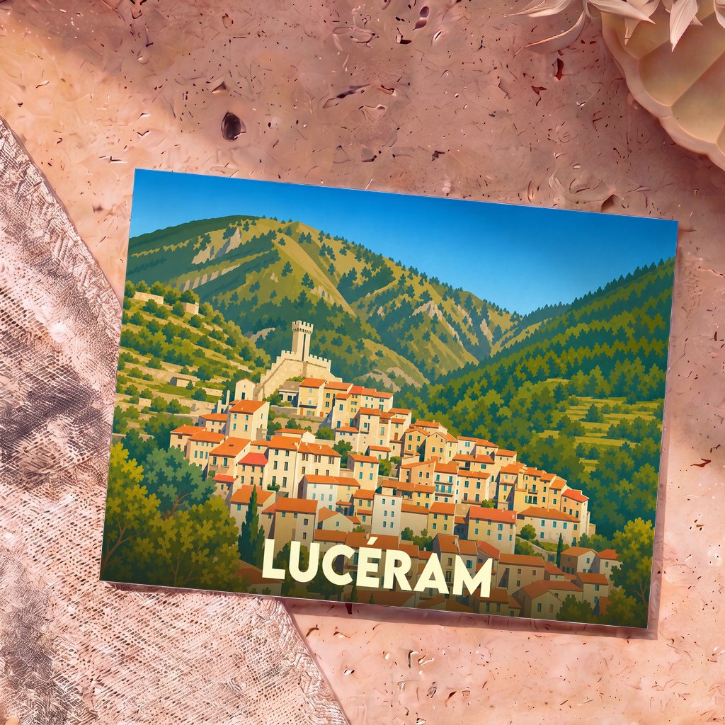 Carte postale souvenir de la ville de Lucéram avec une illustration stylisée d'un village perché.