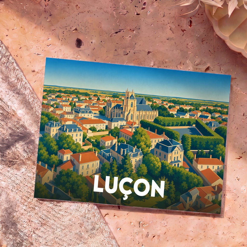 Carte postale souvenir de la ville de Luçon illustrée par une vue panoramique colorée de sa cathédrale et de ses jardins.