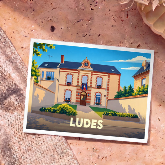 Carte postale souvenir de la ville de Ludes avec une illustration stylisée de sa mairie sous un ciel bleu.