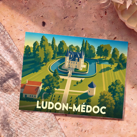 Carte postale souvenir de la ville de Ludon-Médoc avec une illustration stylisée d'un château entouré d'eau.
