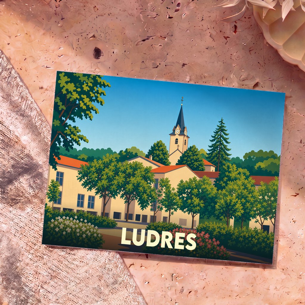 Carte postale souvenir de la ville de Ludres avec une illustration stylisée de son église et de sa végétation.