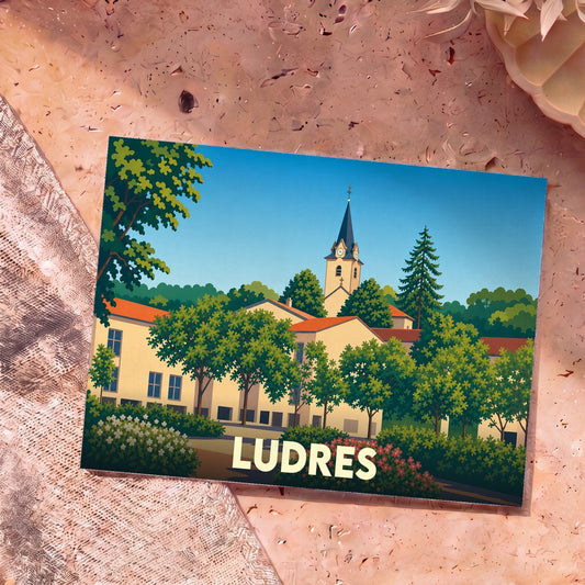 Carte postale souvenir de la ville de Ludres avec une illustration stylisée de son église et de sa végétation.
