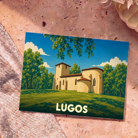 Carte postale souvenir de la ville de Lugos illustrant son église romane dans un style graphique épuré.