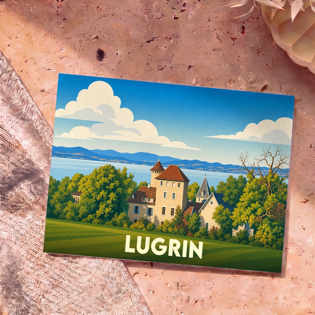 Carte postale souvenir de la ville de Lugrin avec une illustration stylisée d'un château en bord de lac.