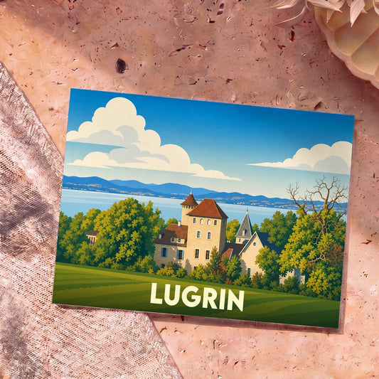 Carte postale souvenir de la ville de Lugrin avec une illustration stylisée d'un château en bord de lac.