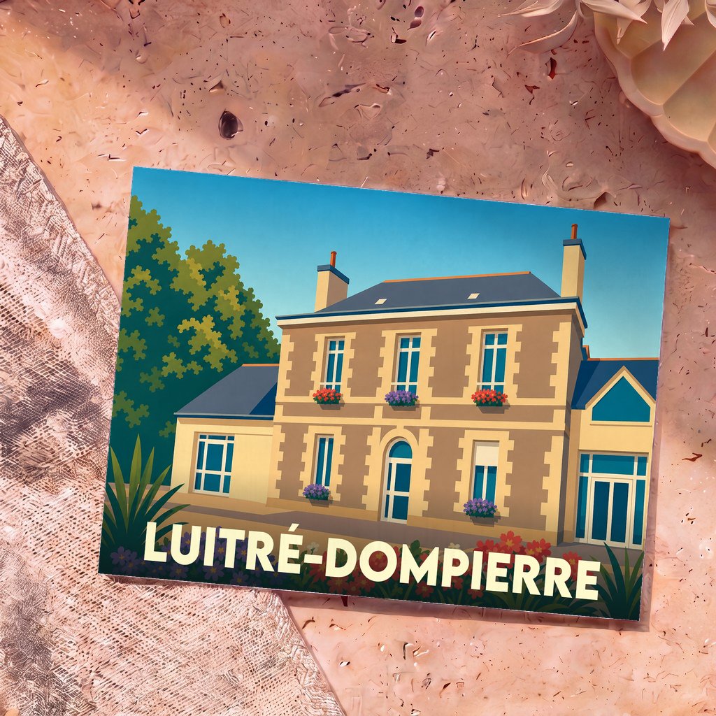 Carte postale souvenir de la ville de Luitré-Dompierre avec une illustration stylisée d'une maison bourgeoise fleurie.