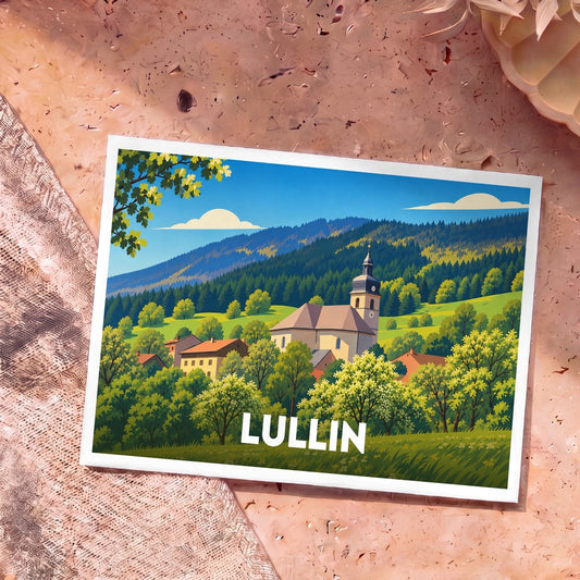 Carte postale souvenir de la ville de Lullin avec une illustration stylisée d'un paysage de montagne et de son église.