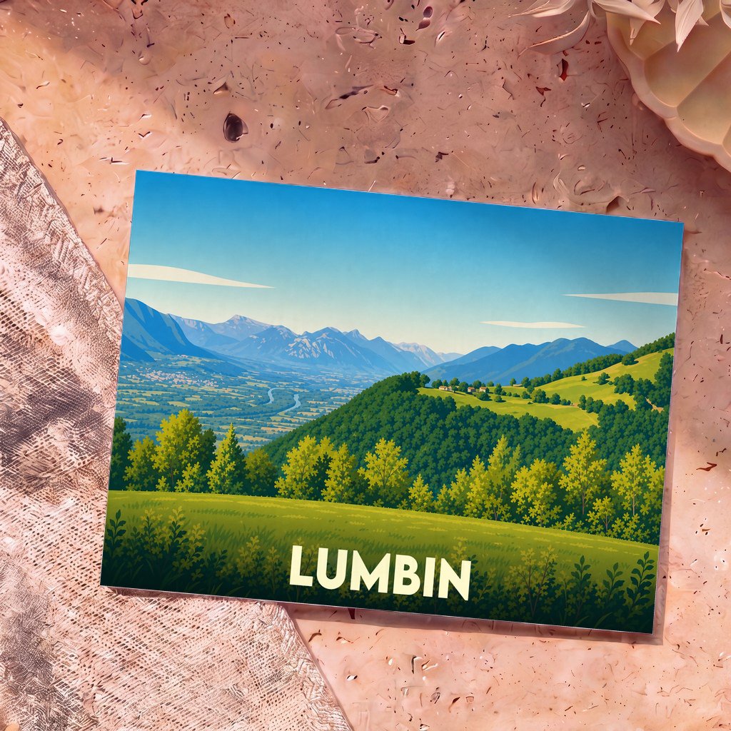 Carte postale souvenir de la ville de Lumbin avec une illustration stylisée d'un paysage montagneux et verdoyant.