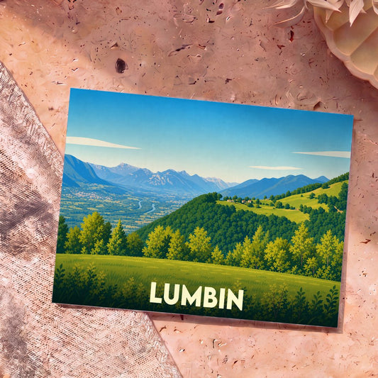 Carte postale souvenir de la ville de Lumbin avec une illustration stylisée d'un paysage montagneux et verdoyant.