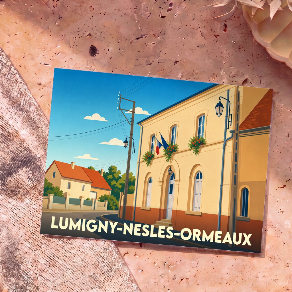 Carte postale souvenir de la ville de Lumigny-Nesles-Ormeaux avec une illustration stylisée de sa mairie.