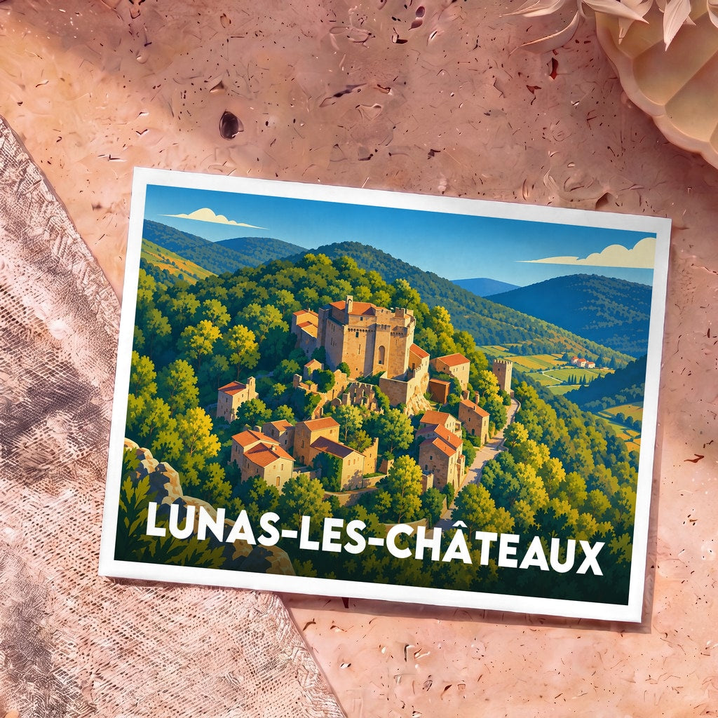 Carte postale souvenir de la ville de Lunas-les-Châteaux avec une illustration stylisée d'un village médiéval perché.