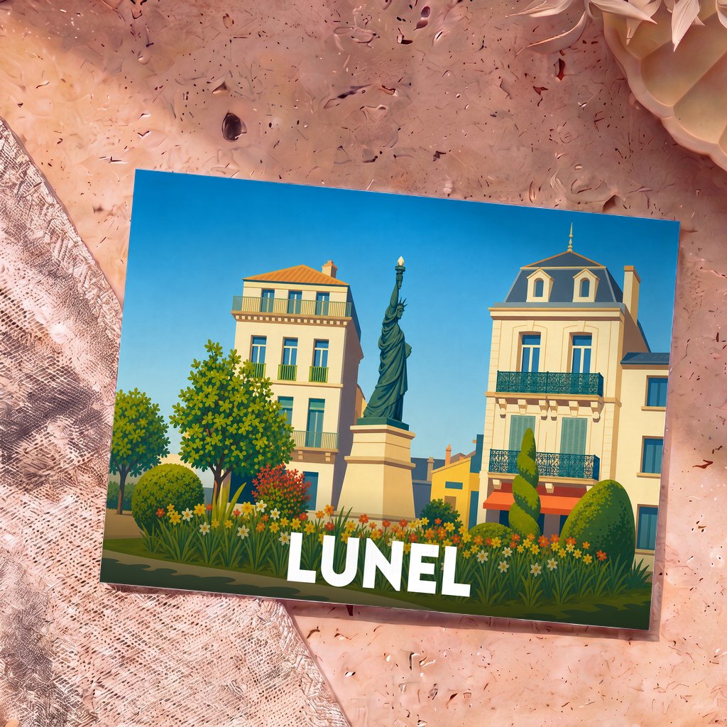Carte postale souvenir de la ville de Lunel avec une illustration stylisée représentant sa statue de la Liberté et des bâtiments typiques.
