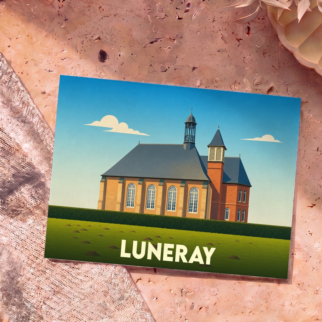 Carte postale souvenir de la ville de Luneray avec une illustration stylisée de son temple protestant.