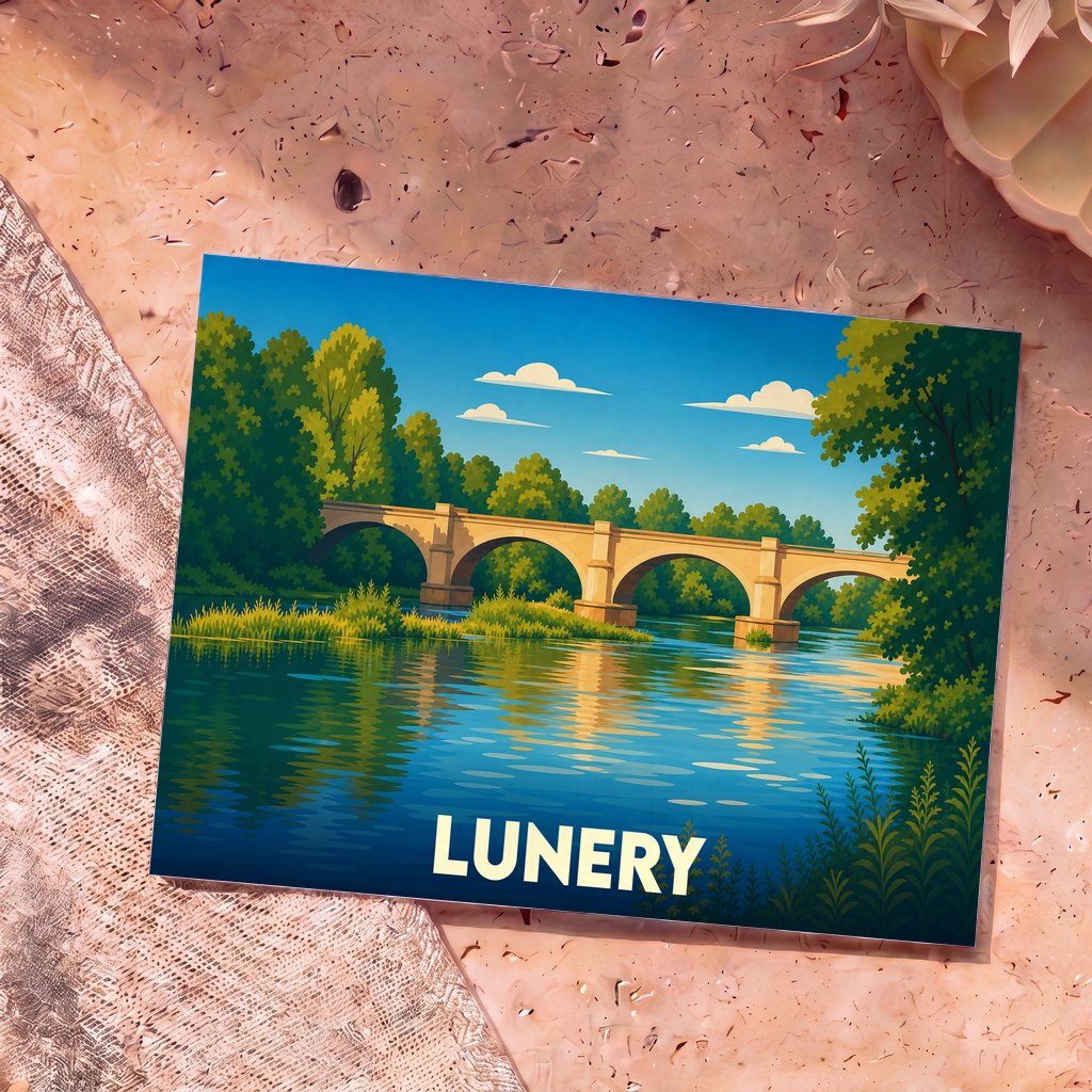 Carte postale souvenir de la ville de Lunery illustrant un pont en pierre traversant une rivière calme bordée de végétation.