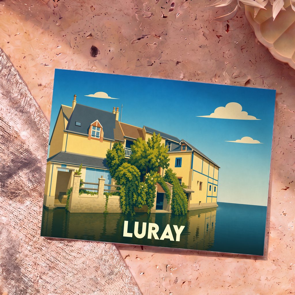 Carte postale souvenir de la ville de Luray illustrée d'une maison colorée au bord de l'eau dans un style graphique épuré.