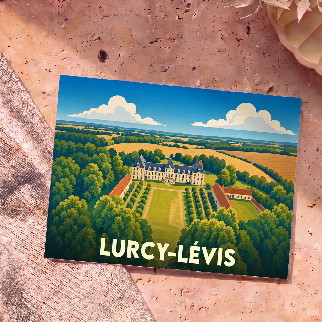 Carte postale souvenir de Lurcy-Lévis illustrant son château et ses paysages ruraux dans un style graphique épuré.
