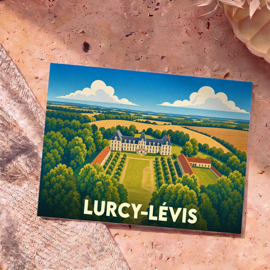 Carte postale souvenir de Lurcy-Lévis illustrant son château et ses paysages ruraux dans un style graphique épuré.