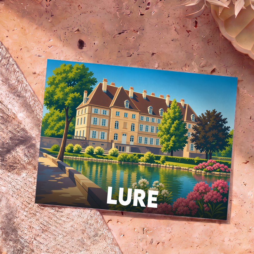 Carte postale souvenir de la ville de Lure avec une illustration stylisée d'un manoir au bord de l'eau.