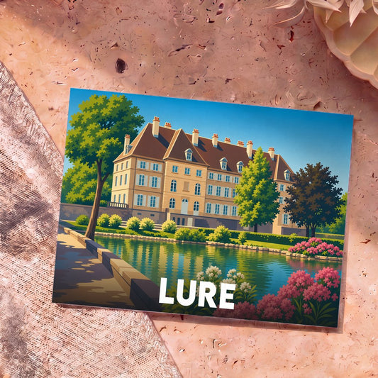 Carte postale souvenir de la ville de Lure avec une illustration stylisée d'un manoir au bord de l'eau.
