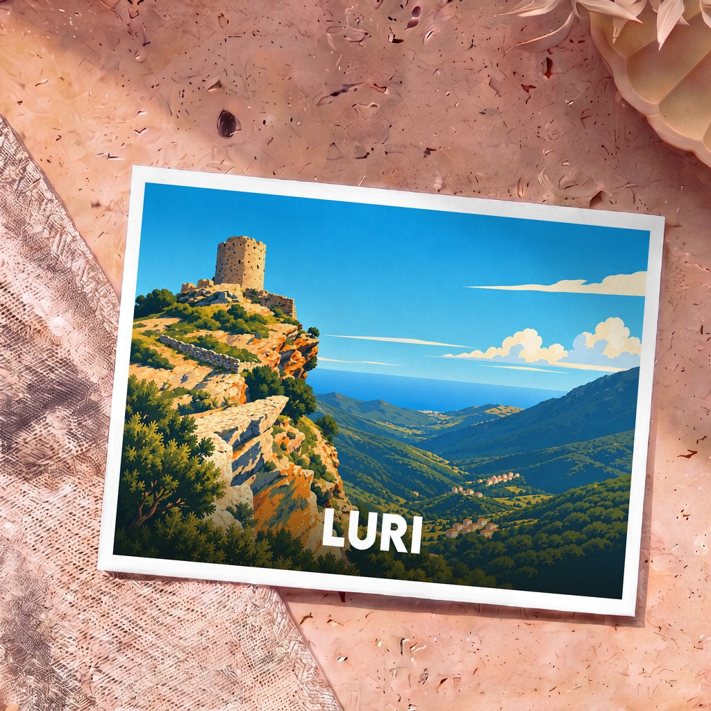 Carte postale souvenir de la ville de Luri illustrée par une vue panoramique stylisée avec une tour génoise.
