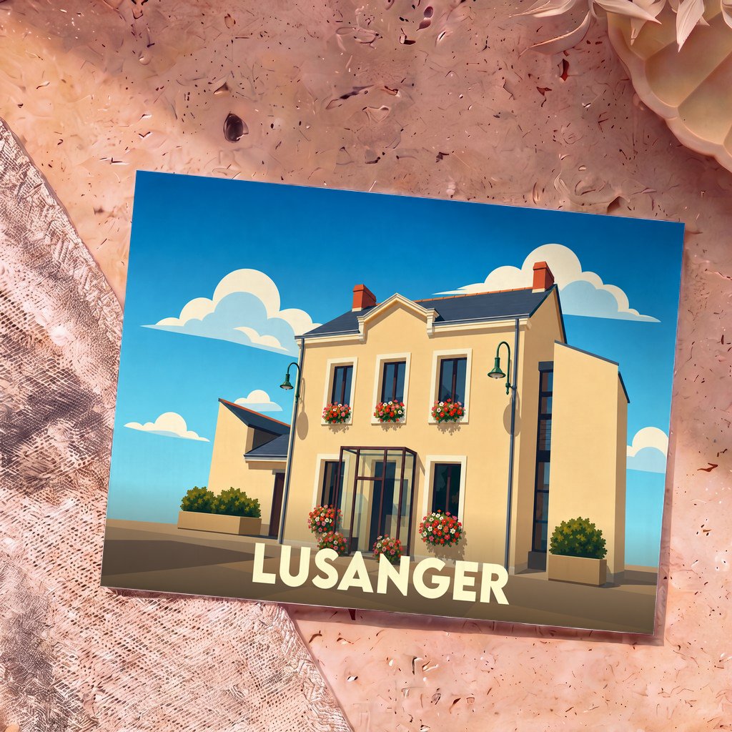 Carte postale souvenir de la ville de Lusanger avec une illustration stylisée d'une maison fleurie.