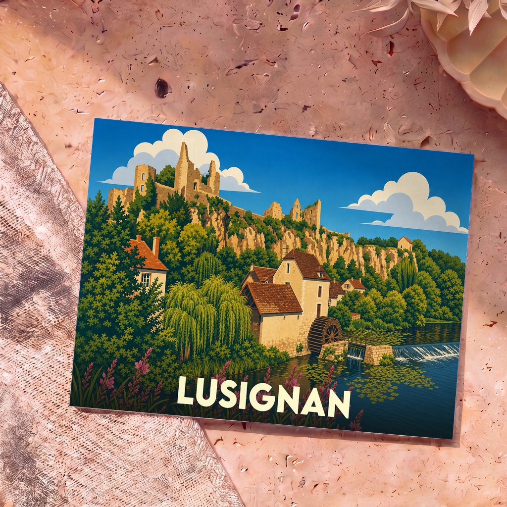 Carte postale souvenir de la ville de Lusignan illustrant son château en ruines et un moulin au bord de l'eau dans un style rétro.