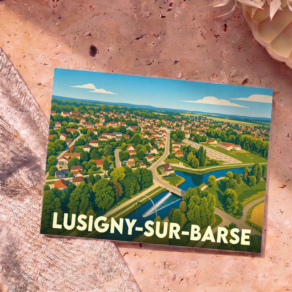 Carte postale souvenir de la ville de Lusigny-sur-Barse avec une illustration stylisée vue du ciel.