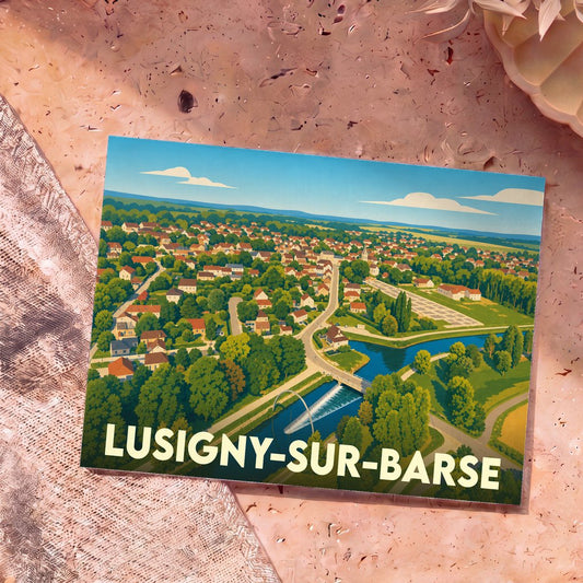 Carte postale souvenir de la ville de Lusigny-sur-Barse avec une illustration stylisée vue du ciel.