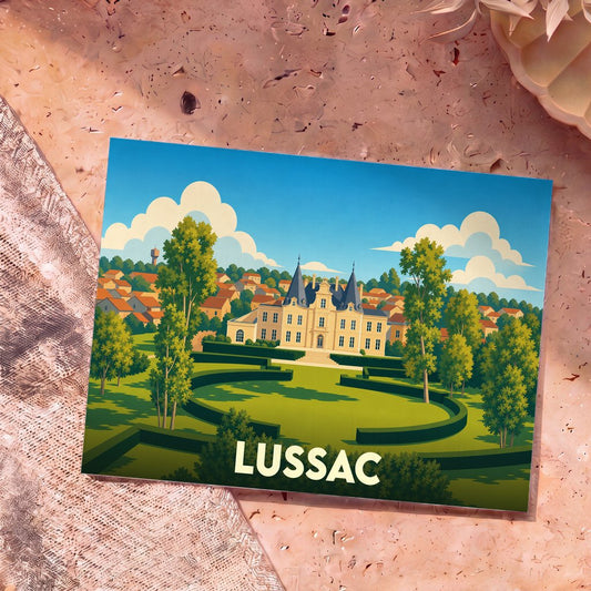 Carte postale souvenir de la ville de Lussac illustrant son château et ses jardins dans un style graphique épuré.