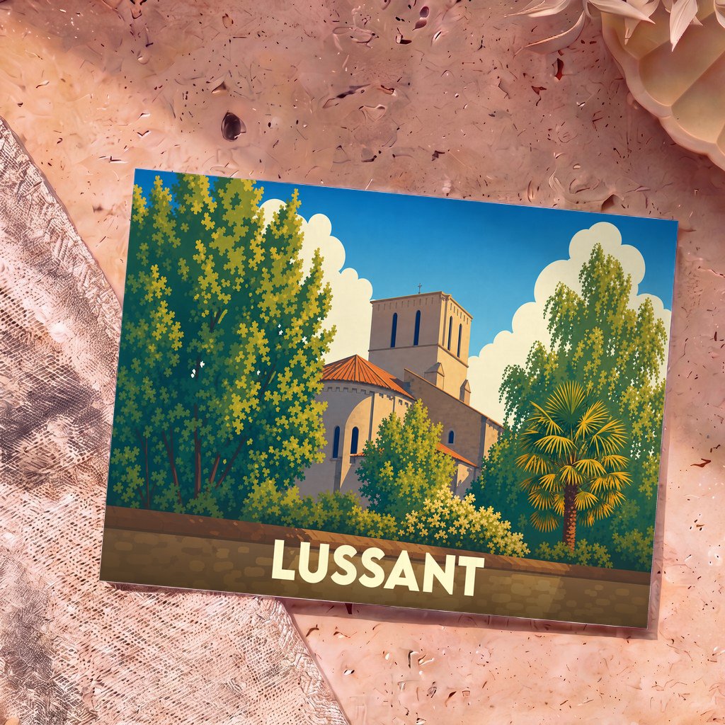 Carte postale souvenir de la ville de Lussant avec une illustration stylisée de son église entourée de végétation.