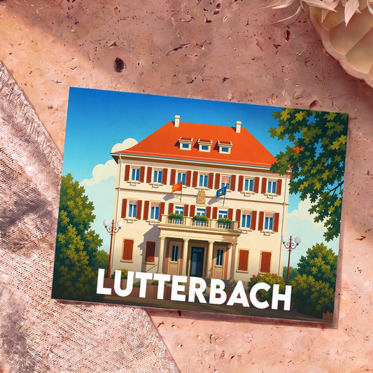 Carte postale souvenir de la ville de Lutterbach avec une illustration stylisée d'un bâtiment historique.