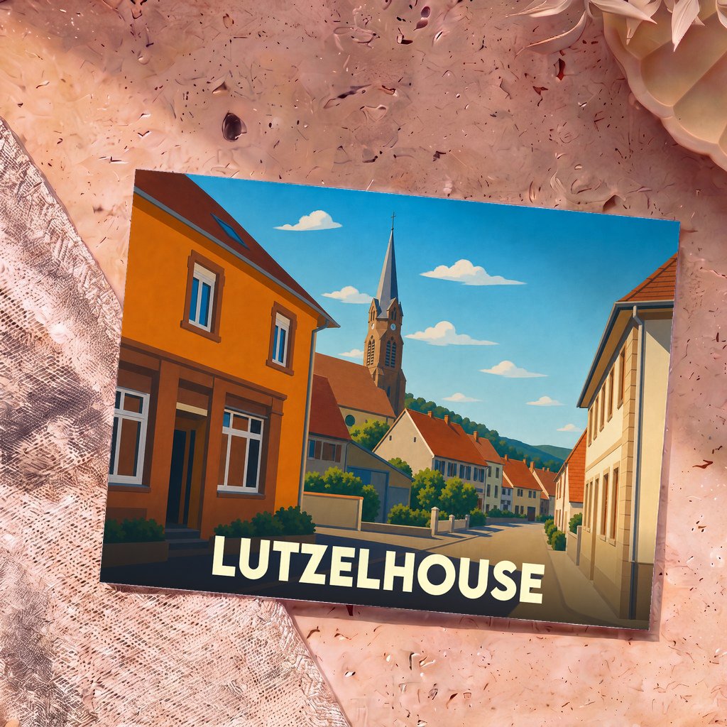 Carte postale souvenir de la ville de Lutzelhouse avec une illustration stylisée montrant ses maisons colorées et son église.