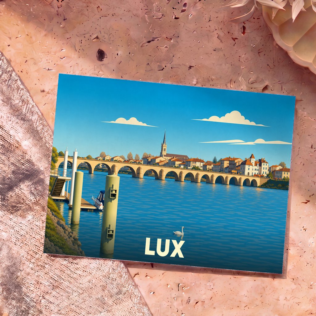 Carte postale souvenir de la ville de Lux avec une illustration stylisée d'un pont enjambant une rivière.