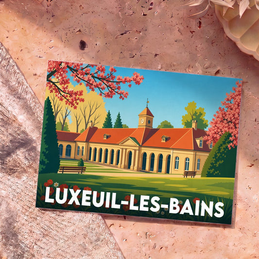 Carte postale souvenir de la ville de Luxeuil-les-Bains illustrant l'établissement thermal dans un style graphique coloré.