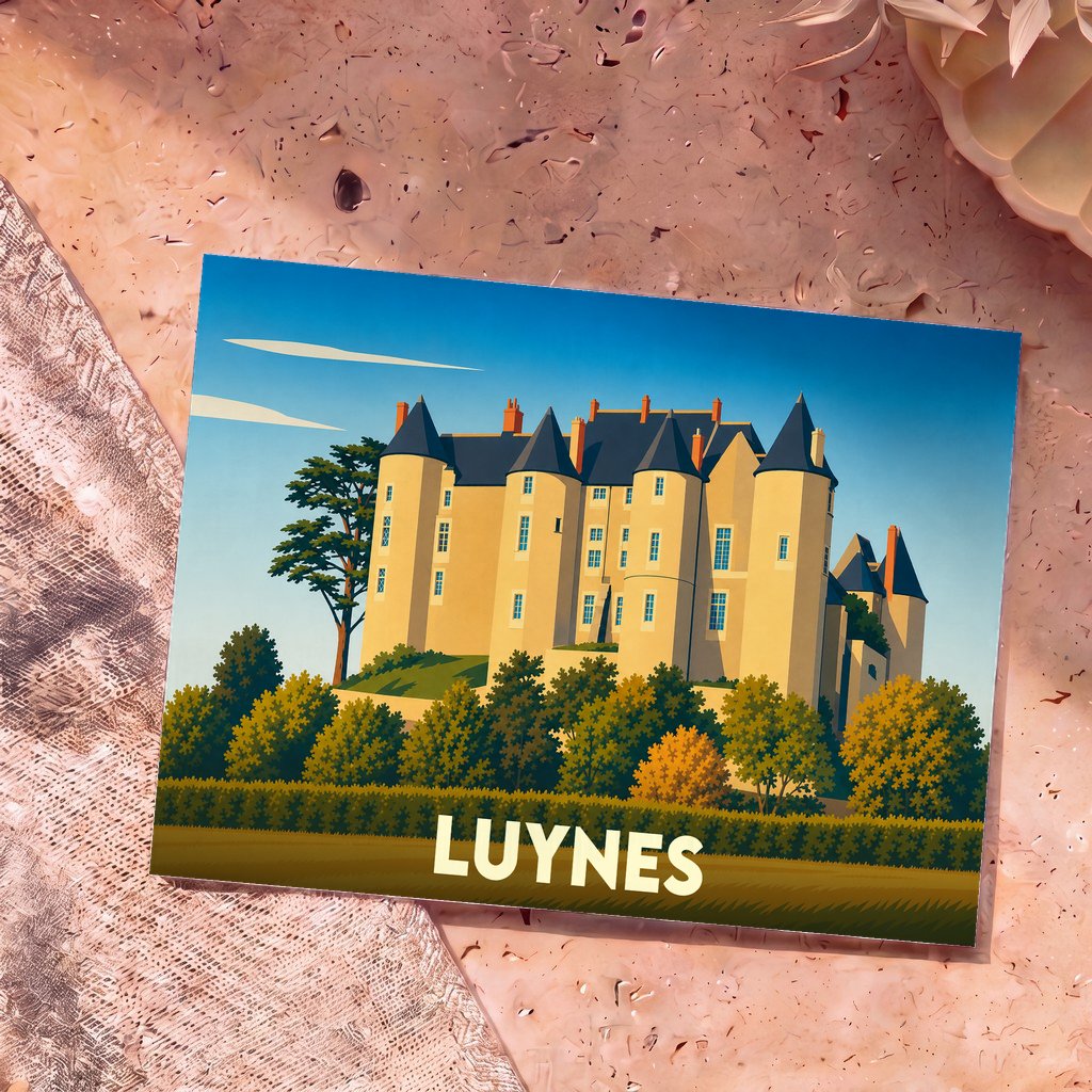 Carte postale souvenir de la ville de Luynes illustrant son château avec un style graphique épuré et coloré.