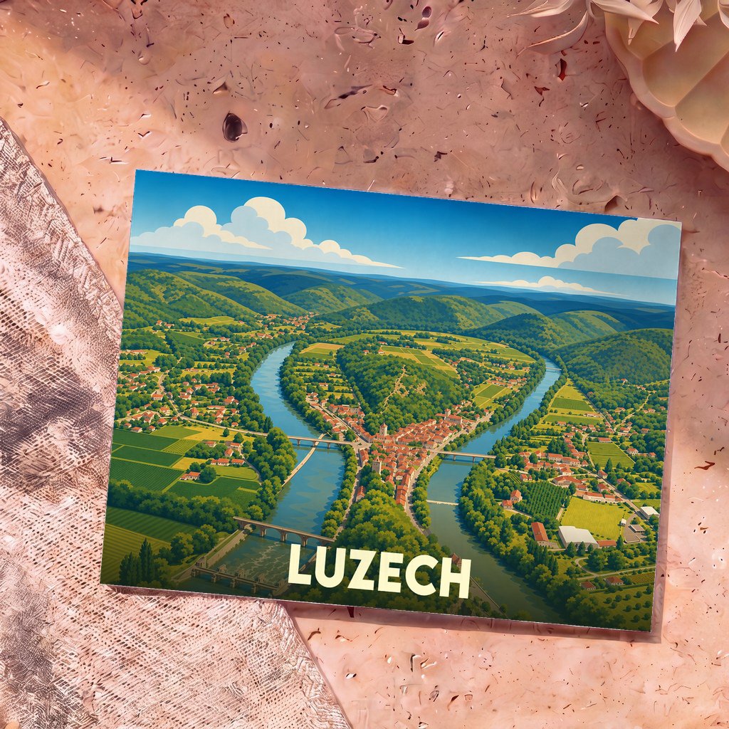 Carte postale souvenir de la ville de Luzech avec une illustration stylisée d'un méandre de rivière.