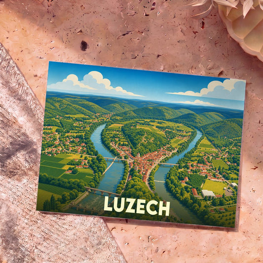 Carte postale souvenir de la ville de Luzech avec une illustration stylisée d'un méandre de rivière.