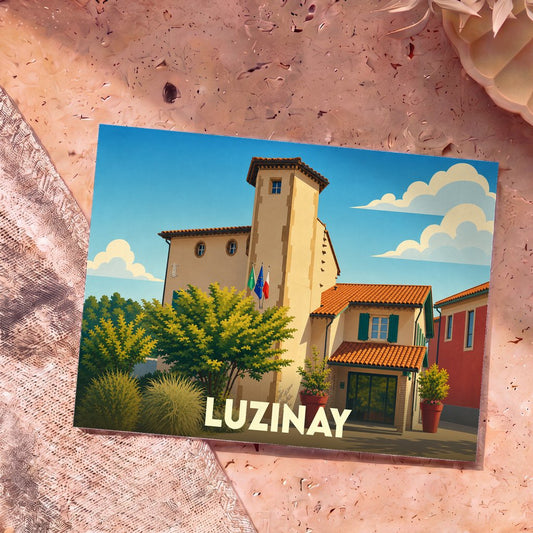 Carte postale souvenir de la ville de Luzinay avec une illustration stylisée de sa mairie.