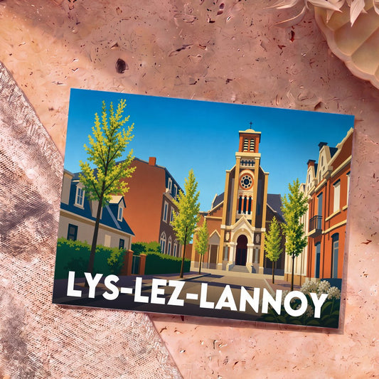 Carte postale souvenir de la ville de Lys-lez-Lannoy avec une illustration stylisée de son église et de ses rues.