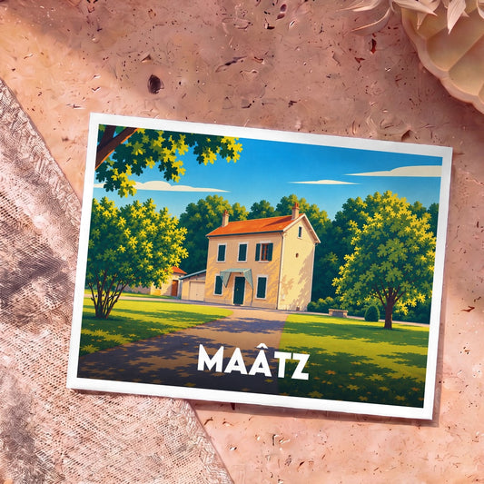 Carte postale souvenir de la ville de Maâtz avec une illustration stylisée d'une maison ensoleillée.