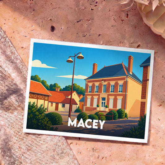 Carte postale souvenir de la ville de Macey avec une illustration stylisée de ses bâtiments.
