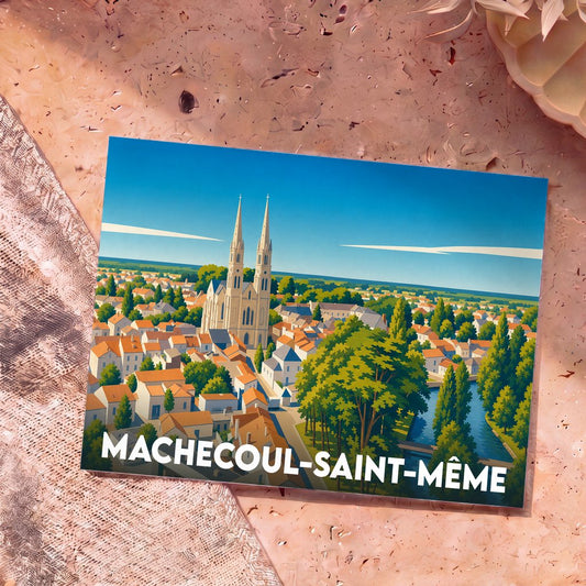 Carte postale souvenir de la ville de Machecoul-Saint-Même illustrant son église à deux clochers et ses paysages verdoyants.